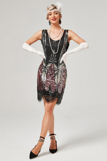 Sort & Rød Kort Pailletter 1920'erne Kjole